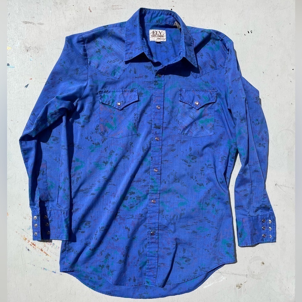 Men's Ely Cattleman Western Shirt Blue Art 15 1/2 Ranch Cotton Cowboy Rodeo Work